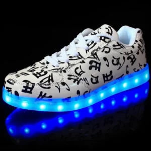 Music Casual LED Shoes men led Fashion LUCK Colorful Luminous Light Up Unisex Shoes White Silver In Midnight